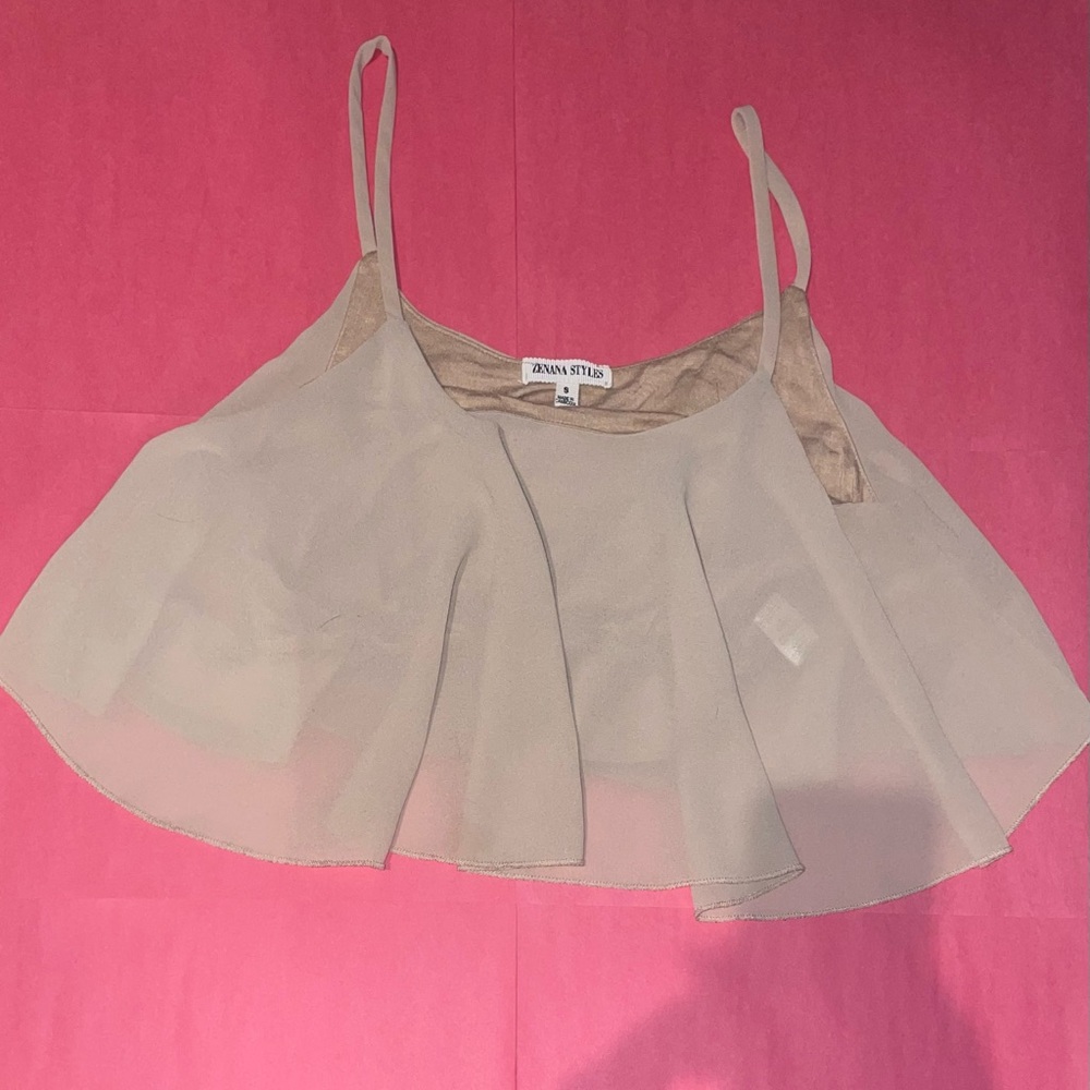 Zenana Styled- Women’s flowy, nude, spaghetti strap crop top. Small